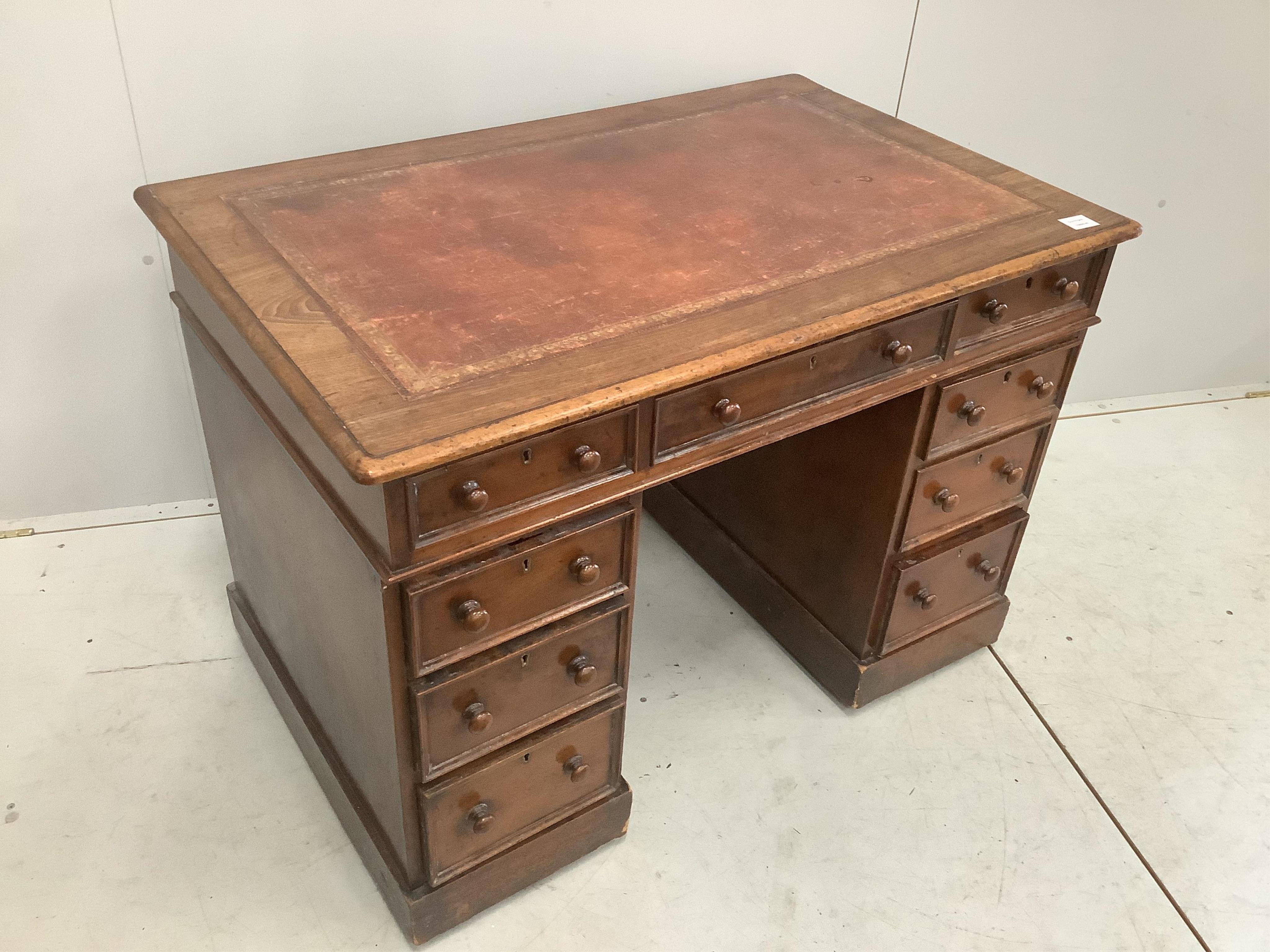 A Victorian mahogany pedestal desk, width 105cm, depth 67cm, height 74cm. Condition - fair